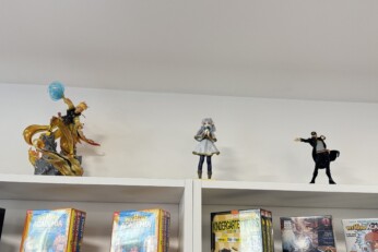 Figurines exposées sur une étagère dans une boutique manga à Cahors, représentant des personnages et créatures emblématiques.