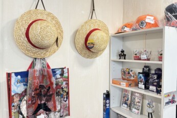 Présentation de divers goodies et accessoires inspirés de mangas, incluant des chapeaux, sacs, figurines et objets de collection, dans une boutique à Cahors.