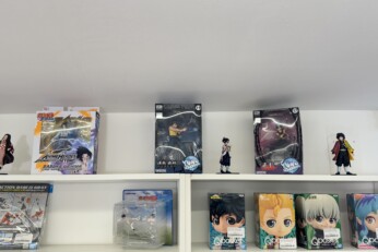 Figurines exposées sur une étagère dans une boutique manga à Cahors, représentant des personnages et créatures emblématiques.