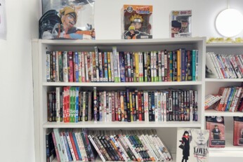 Rayonnage de mangas d'occasion soigneusement organisés, disponibles dans une boutique spécialisée à Cahors