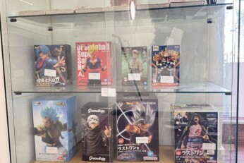 Figurines exposées sur une étagère dans une boutique manga à Cahors, représentant des personnages et créatures emblématiques.
